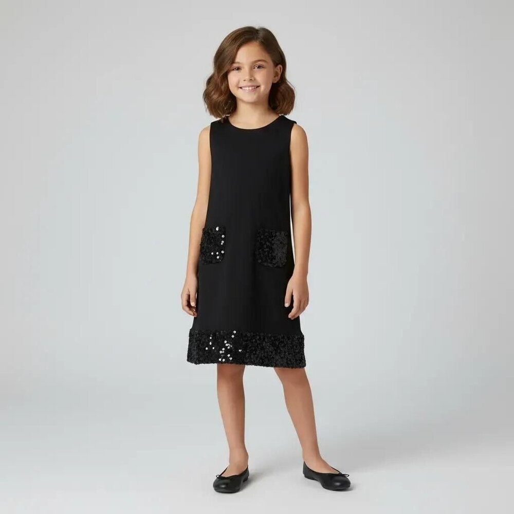 Land's End Kids Girls Black Sleeveless Sequin T-Shirt Jumper Dress Size 6X-7‎